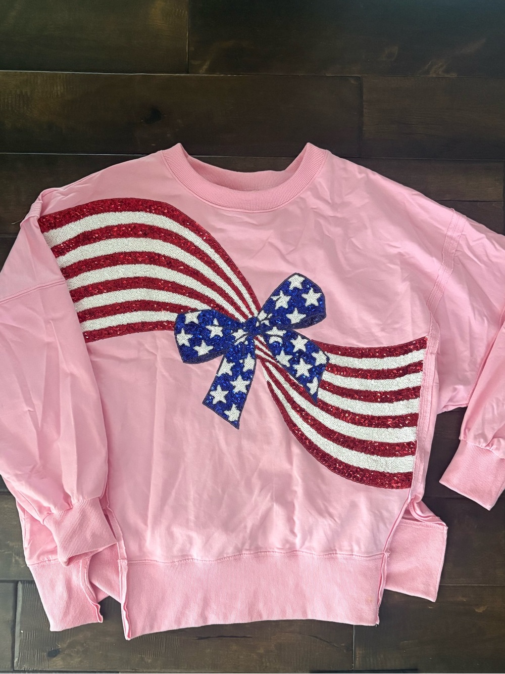 Sequin Sparkle Pink American Flag Patriotic Bow Sweatshirt
